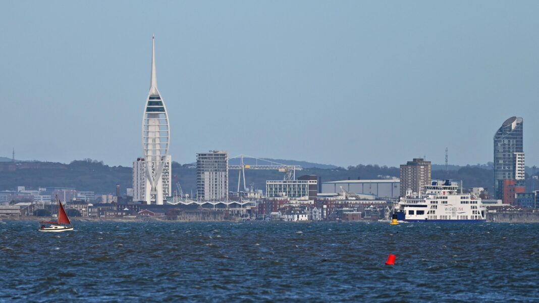 Ports denied request to land 120 migrants in RNLI boats A general view looking across the Solent towards Portsmouth Harbour including the Spinnaker Tower and Eastside Plaza Tower residential apartment building in Gunwharf Quays.