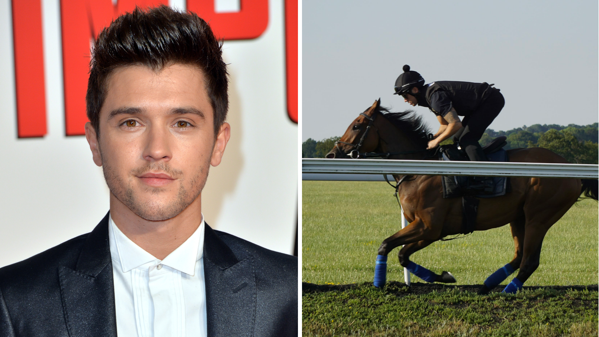 Two images are side by side. On the left is JJ Hamblett standing in front of a white wall which has red text on it. He has short black hair and is wearing a white shirt and black suit jacket. On the right, JJ is wearing all black and is riding a horse on a racecourse.