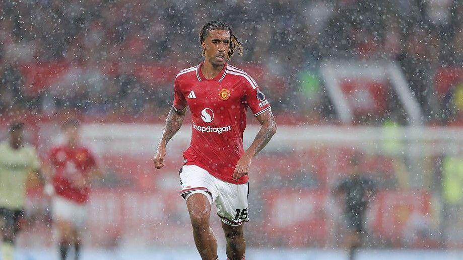Manchester United defender Leny Yoro Leny Yoro in the Old Trafford rain during the victory over Ipswich