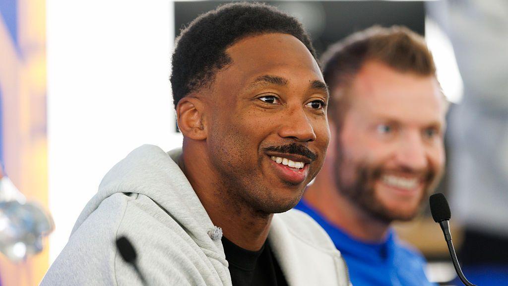 Myles Garrett speaking at a news conference after joining the Los Angeles Rams in the summer of 2026
