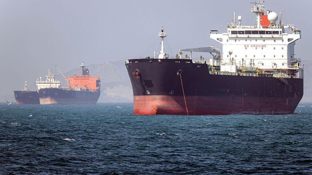 A Gambia-flagged tanker vessel Bili is pictured anchored in the Strait of Hormuz off Bandar Abbas in southern Iran in May.