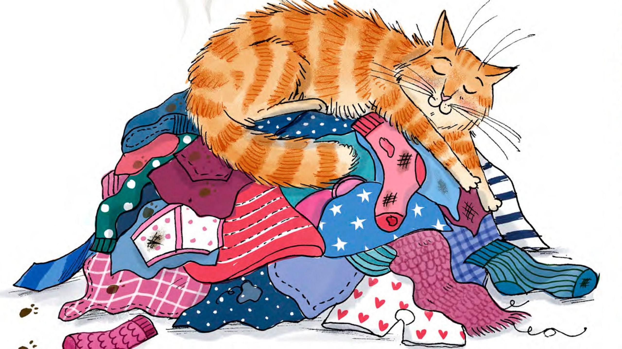 An illustration of a ginger cat falls asleep on a pile of dirty washing