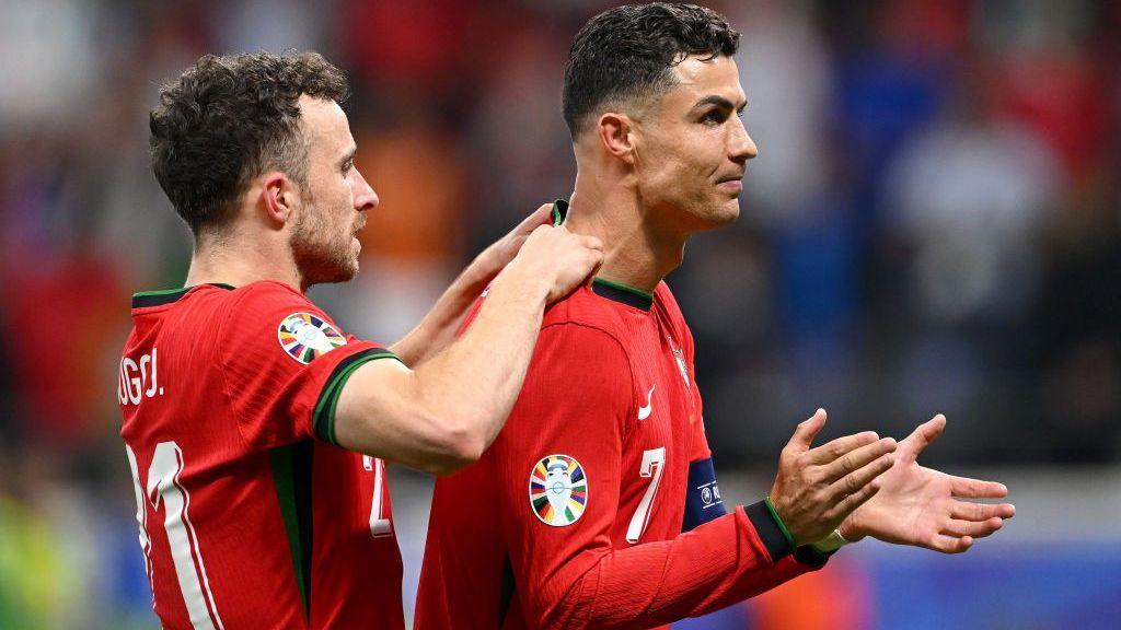 Diogo Jota celebrates with Cristiano Ronaldo for Portugal during Euro 2024