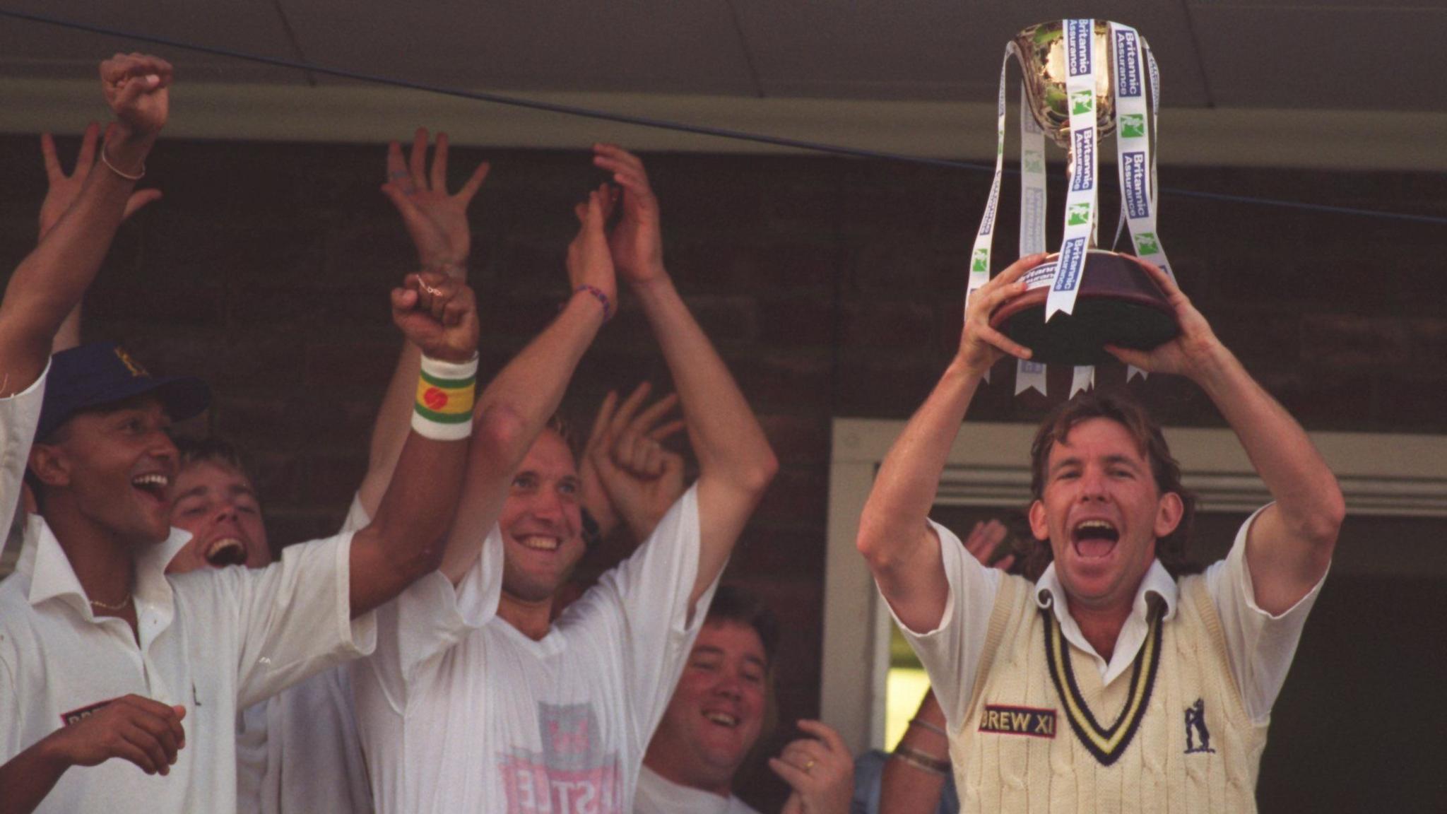 From left: Michael Bell, Nick Knight, Allan Donald Andy Moles and Dermot Reeve celebrate beating Kent to win the 1995 County Championship at Canterbury (16 September 1995)