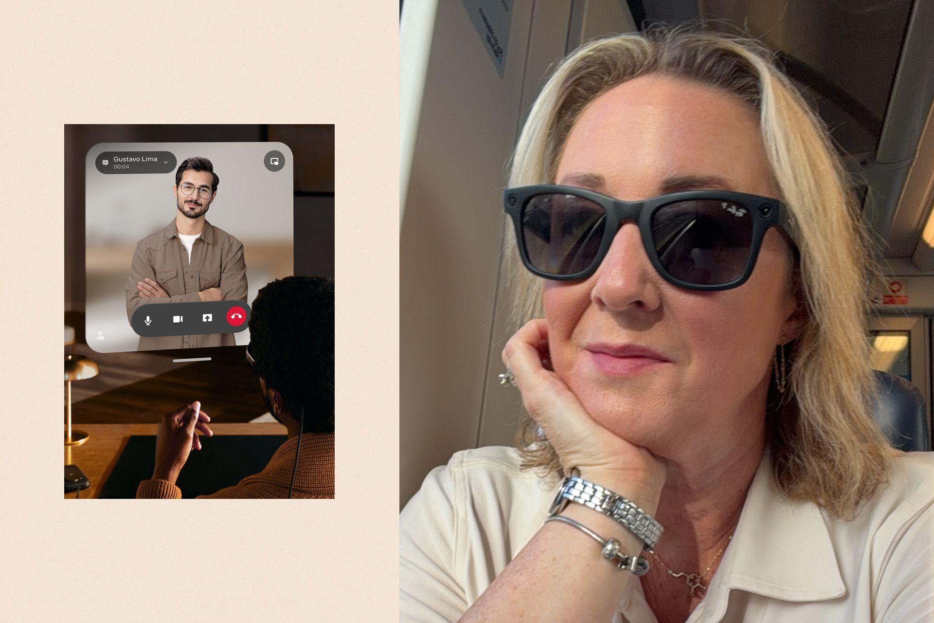 Left: an image from Meta showing smart glasses making a phone call. Right: Zoe Kleinman