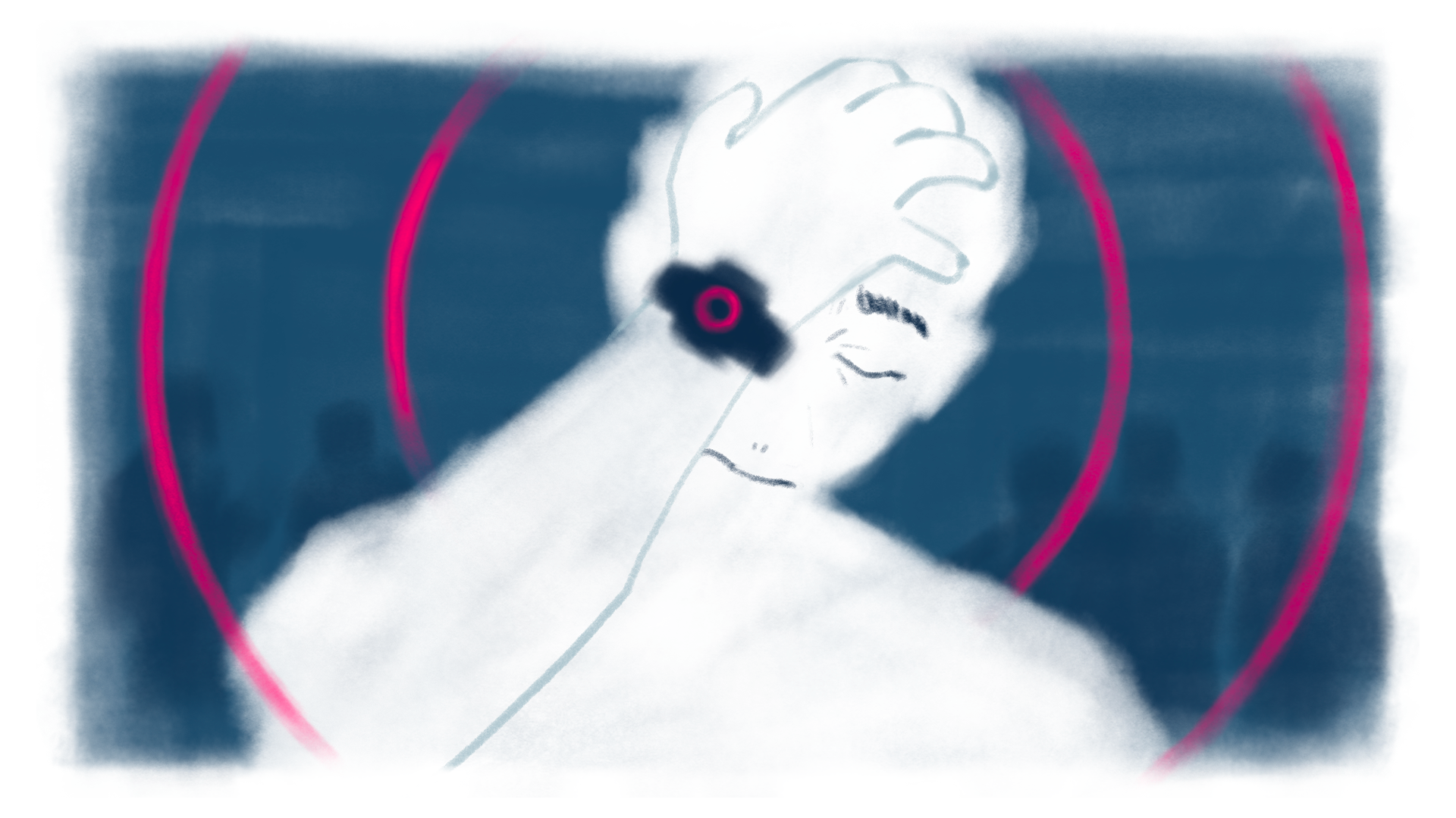 Illustration of a man wearing a sleep tracking device with a pink ring, with pink rings emanating from his head. He has his head in his hand and looks anxious