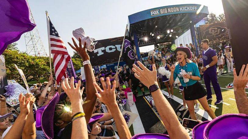 Texas Christian fans cheer for a free shirt during the Fox Sports Big Noon Kick-Off show in September 2023