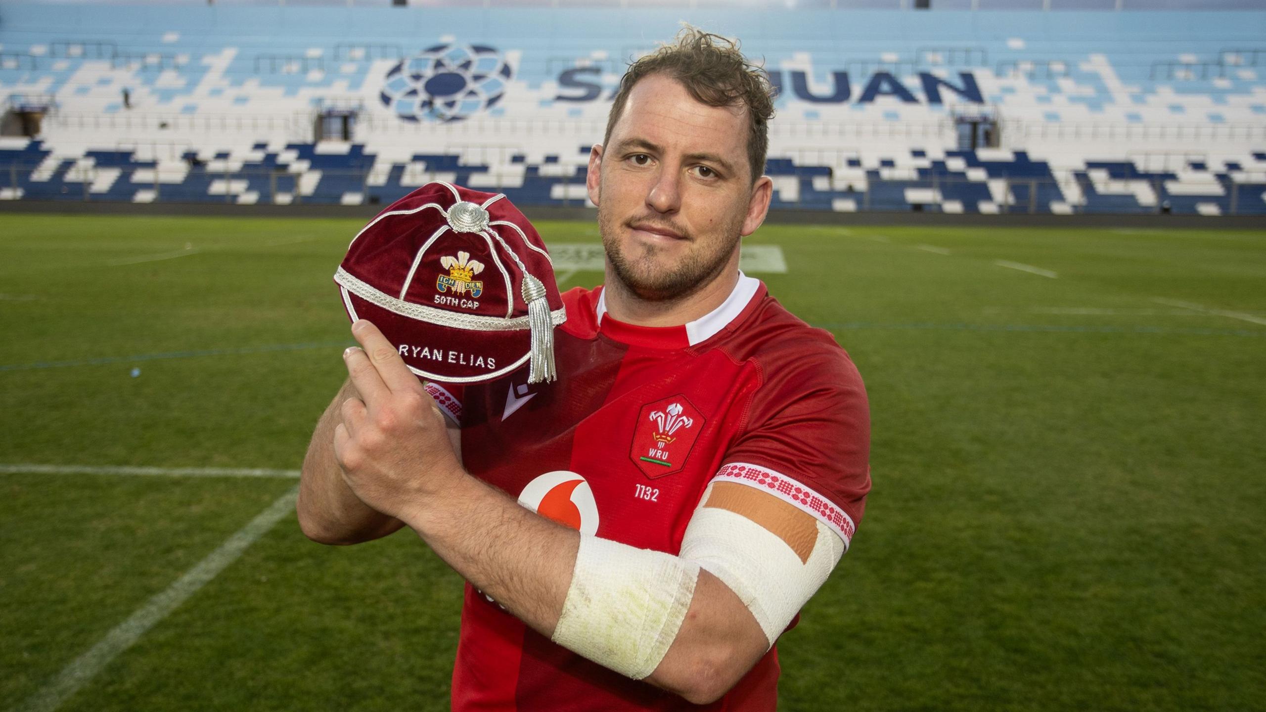Ryan Elias posing with his 50th Wales cap