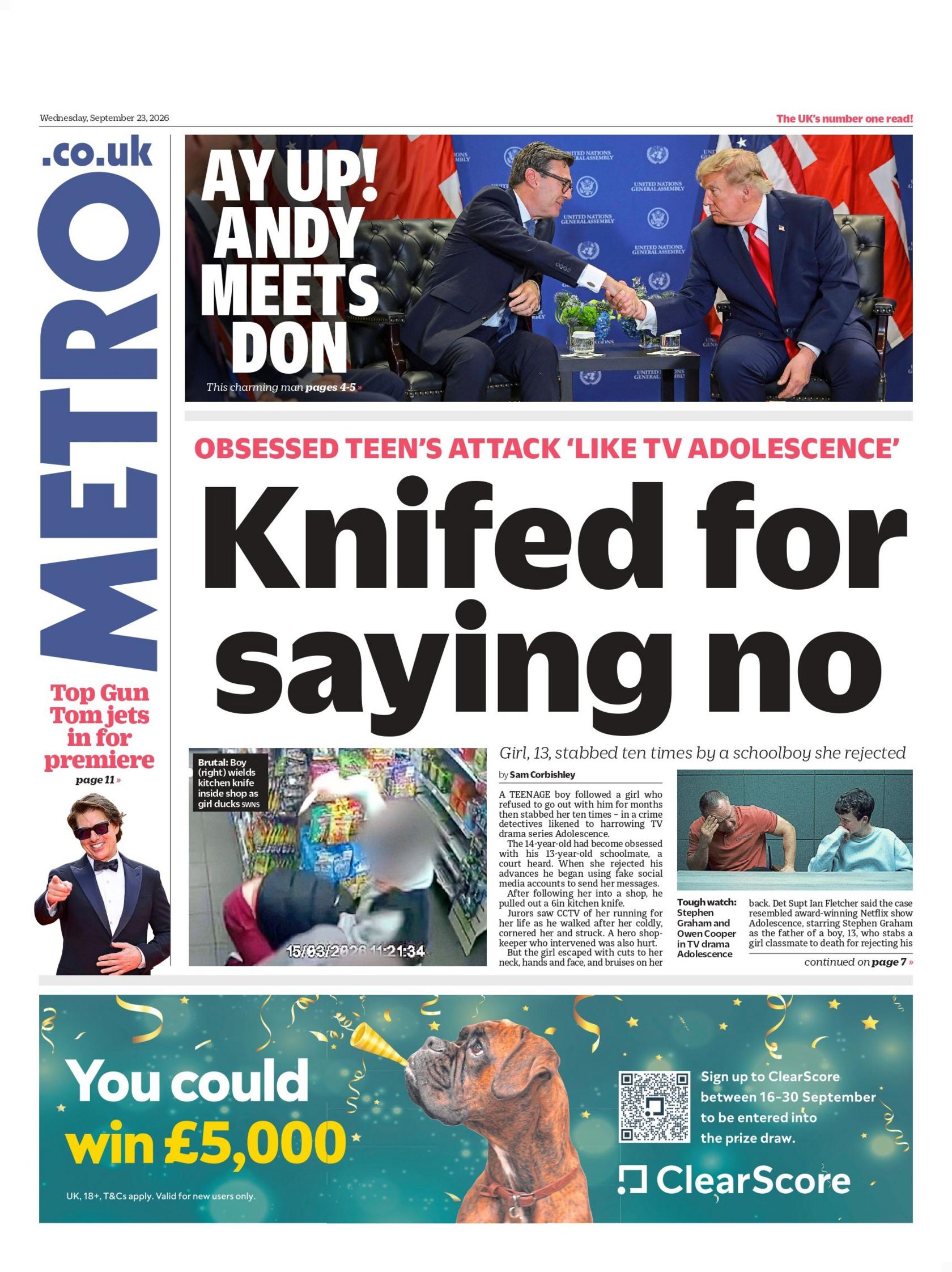 "Knifed for saying no," reads the headline on the front page of the Metro.