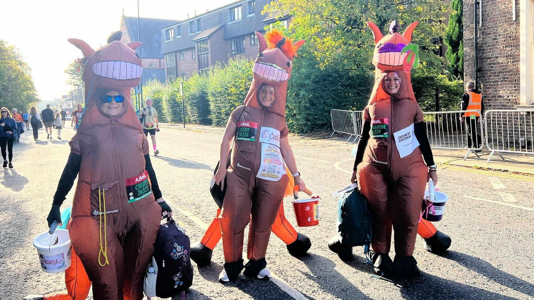 Three runners dressed in inflatable horse costumes walk along a sunlit road carrying fundraising buckets.