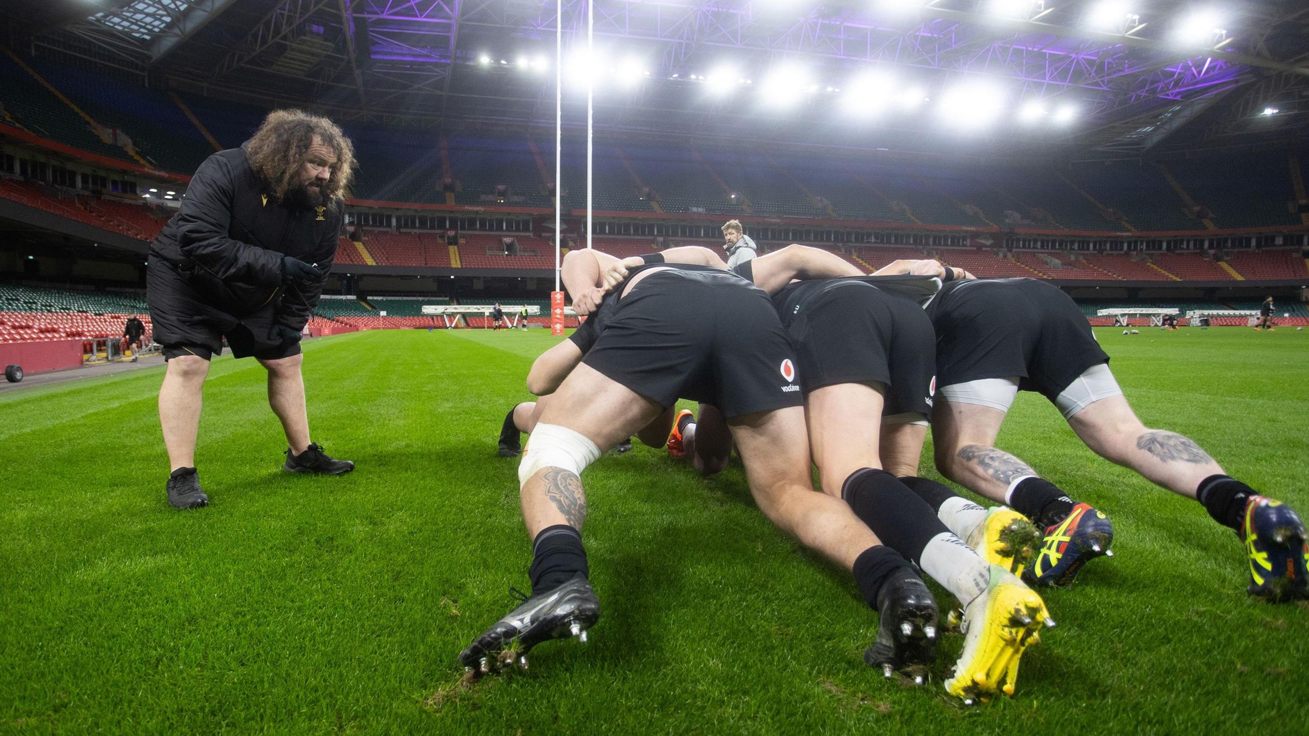 Adam Jones training the Wales scrum