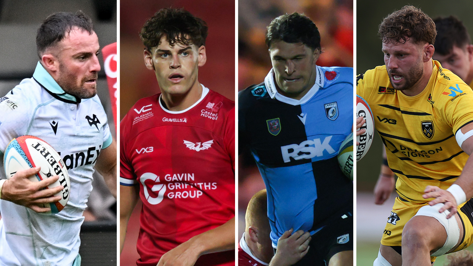 Ospreys' Luke Morgan, Scarlets' Eddie James, Cardiff's Teddy Williams and Dragons' Thomas Young