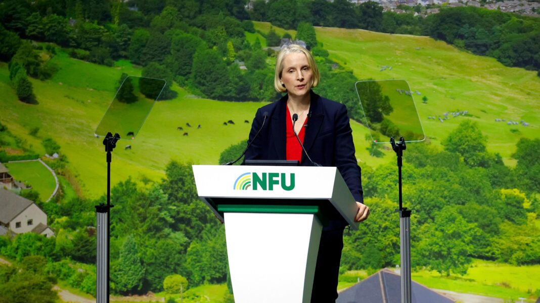 Farmers’ fury at online scramble for £233m funding Emma Reynolds stands on stage, at a lectern, which carries the NFU logo, addressing the audience. There is a background of rolling bright green hills.