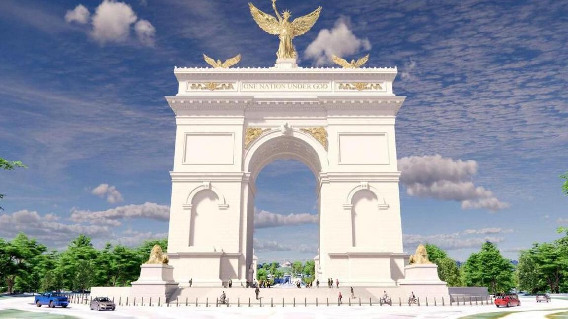 A rendering of the Triumphal Arch, in white marble and gold statues against a blue sky