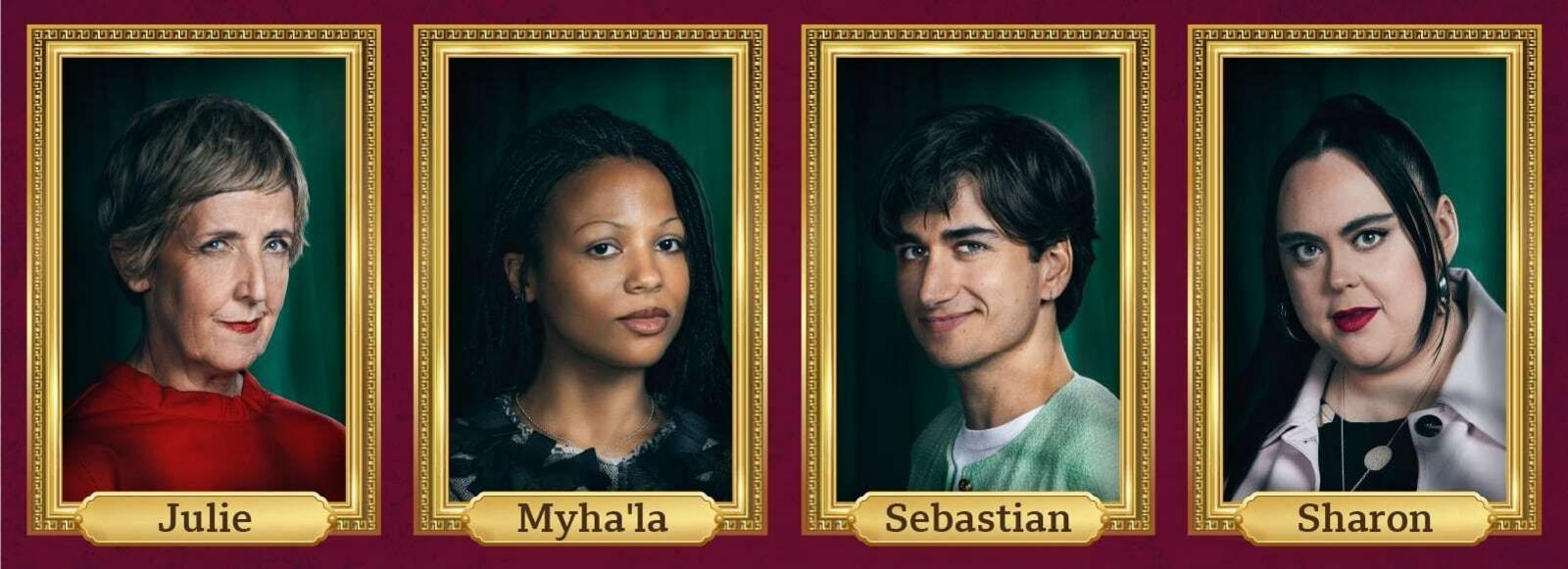From left to right, portraits similar in style to those used in the Traitors programme of: Julie, Myha'la