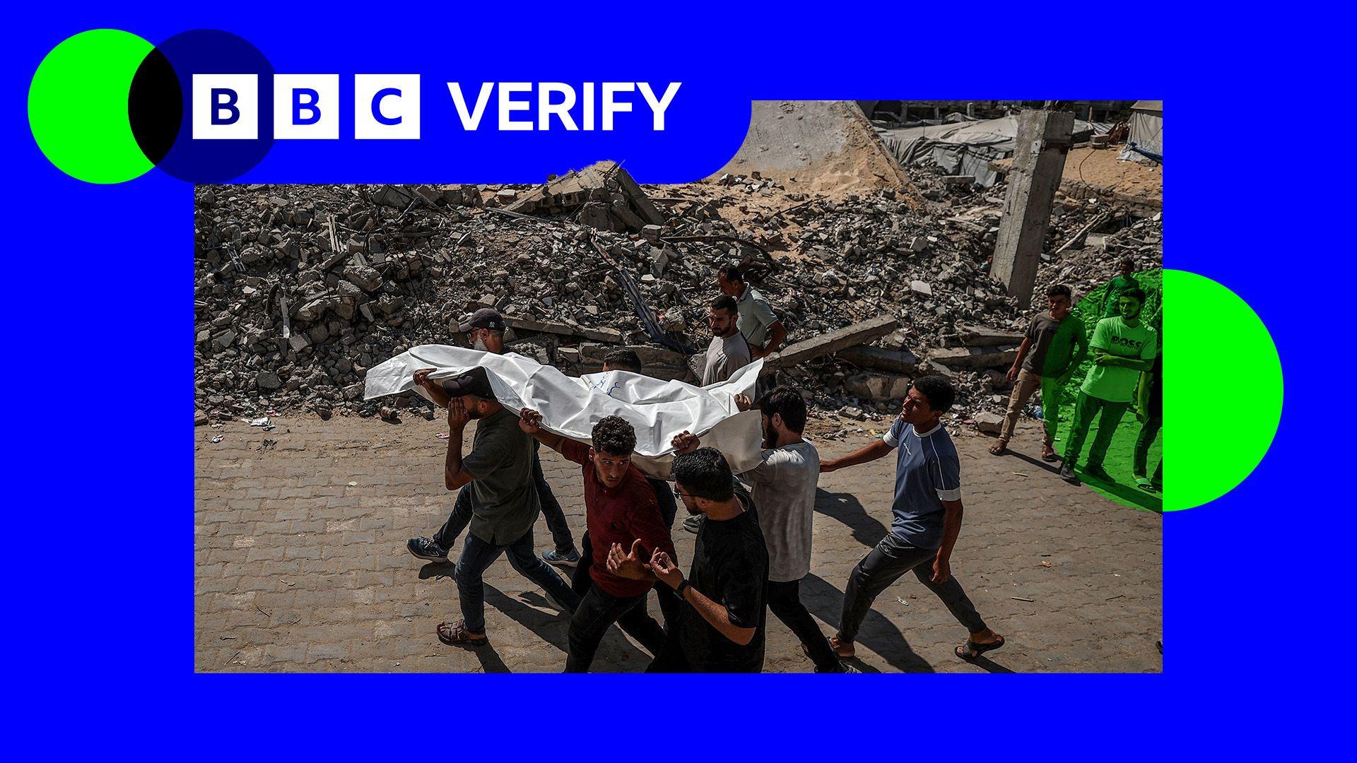 Citizens and relatives of the Palestinians, killed in an Israeli drone strike targeting a beachfront cafe in the port area west of Gaza City, attend the funeral prayer at Al-Shifa Hospital in Gaza City, Gaza, Palestine on August 19, 2026. Several men help to carry a body inside a white covering and walk past rubble. The image is seen inside a blue BBC Verify frame.