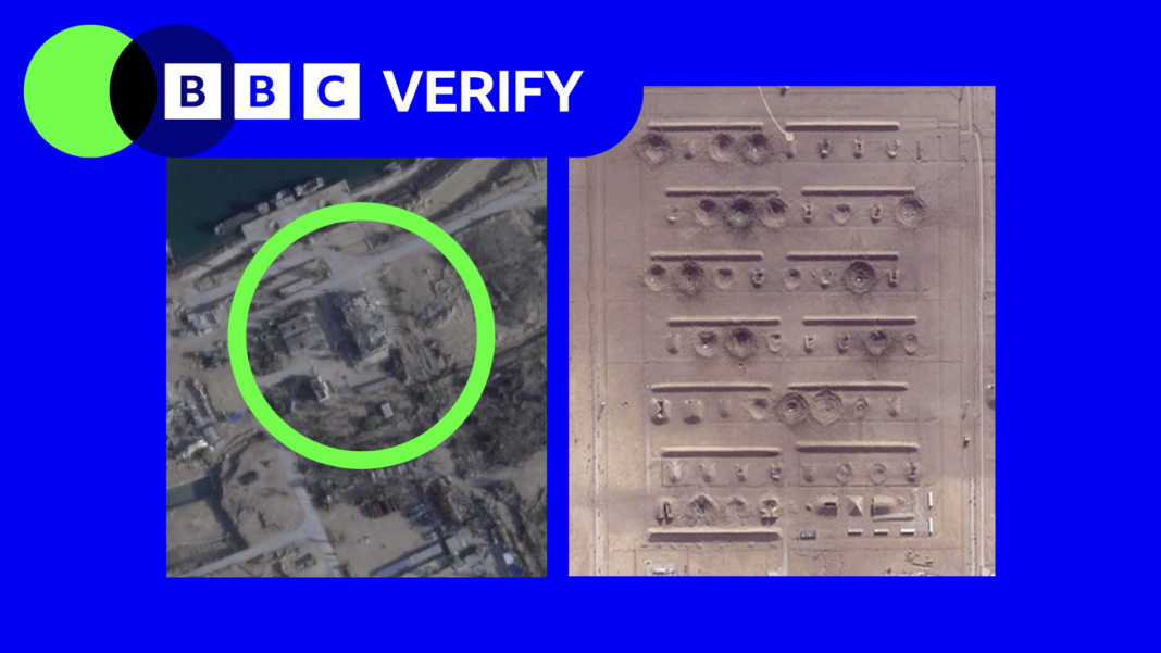 Iran referred to UN Security Council for nuclear non-compliance A composite image of two satellite images. The image on the left shows a damage building with a green circle highlighting it. The image on the right shows multiple structures damaged.