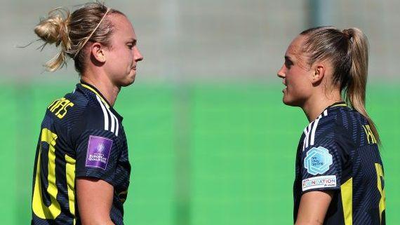 Martha Thomas (left) and Sam Kerr (right) celebrate for Scotland