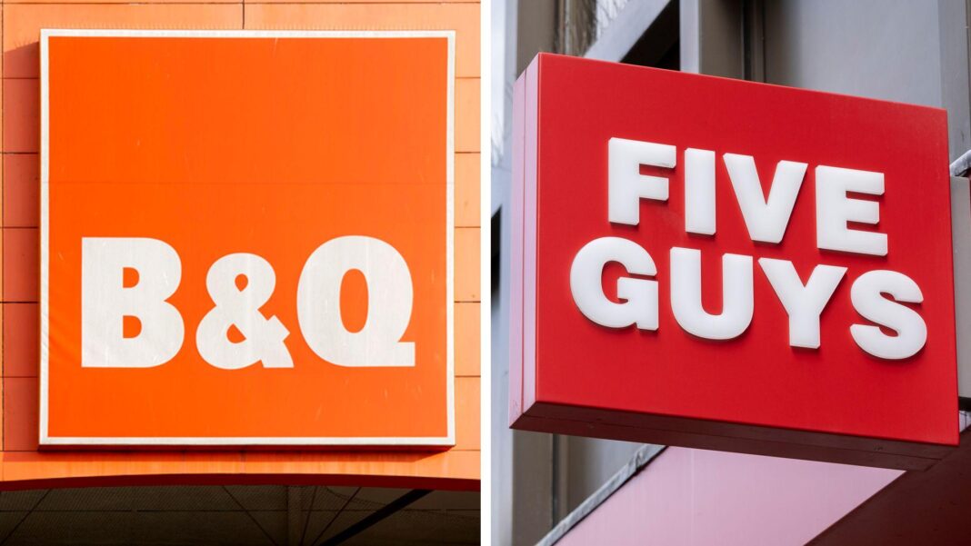 A composite image of B&Q signage on the left and Five Guys signage on the right.