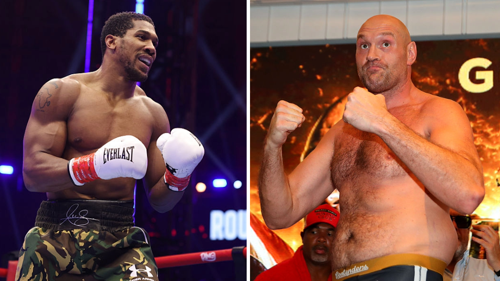 Side by side images of Anthony Joshua in the ring wearing white boxing gloves. On the right, Tyson Fury poses before a fight bare chested with his fists held up in front of him.