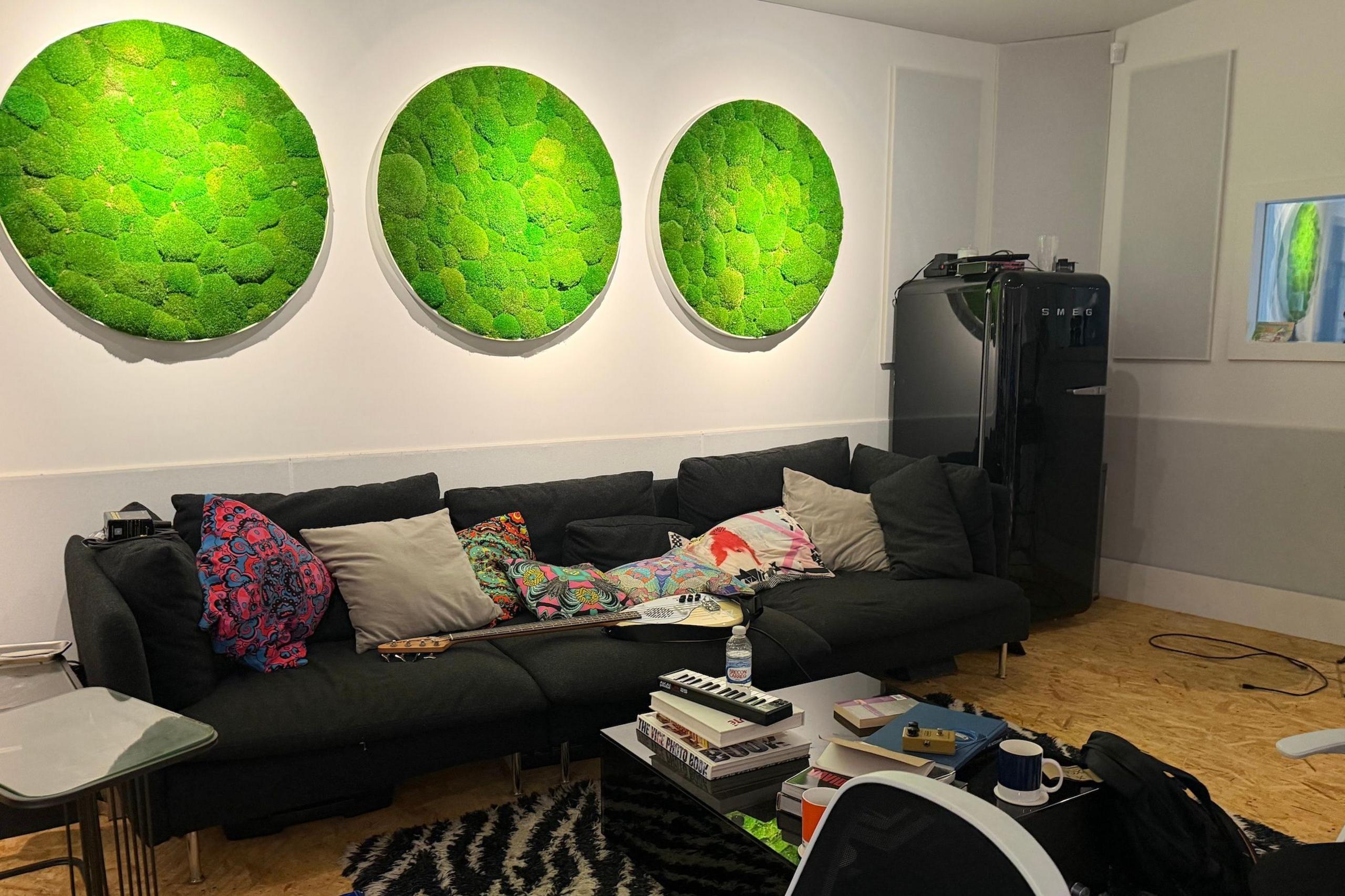 Serge Pizzorno's studio - a wall is covered in acoustic baffles, designed to look like greenery. A sofa is littered with cushions and a bass guitar is laid flat on its back. In the corner, you can see a black refrigerator.