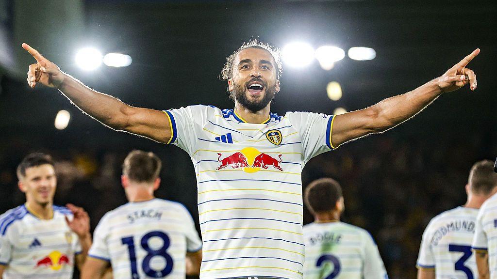 Dominic Calvert-Lewin celebrates after scoring for Leeds United against Newcastle United