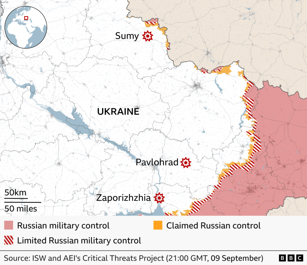 Four killed and 60 injured in Russian strike on shopping centre, Ukraine says Map of Ukraine showing areas under Russian military control highlighted in pink, claimed Russian control in orange, and areas of limited Russian control shown with red diagonal stripes along parts of the frontline in the east and south. Locations of reported strikes are marked with explosion symbols at Sumy in the north-east, Pavlohrad in central-eastern Ukraine, and Zaporizhzhia in the south-east. An inset map shows Ukraine's location in Europe.
