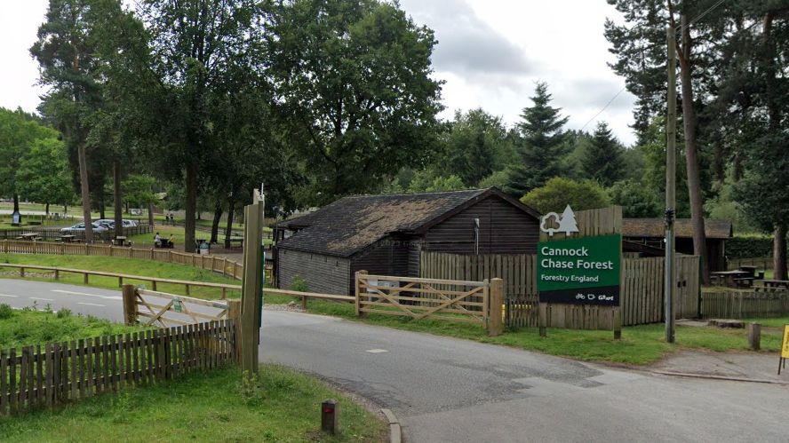 A Google street view image of the entranced to Cannock chase Forest. There are trees in the distance and a hut just inside the entrance to the right. A large green sign says "Cannock Chase Forest, Forestry England". The road into the site is bordered by wooden fences and gates. Cars can be seen parked inside with people visible in the grounds.