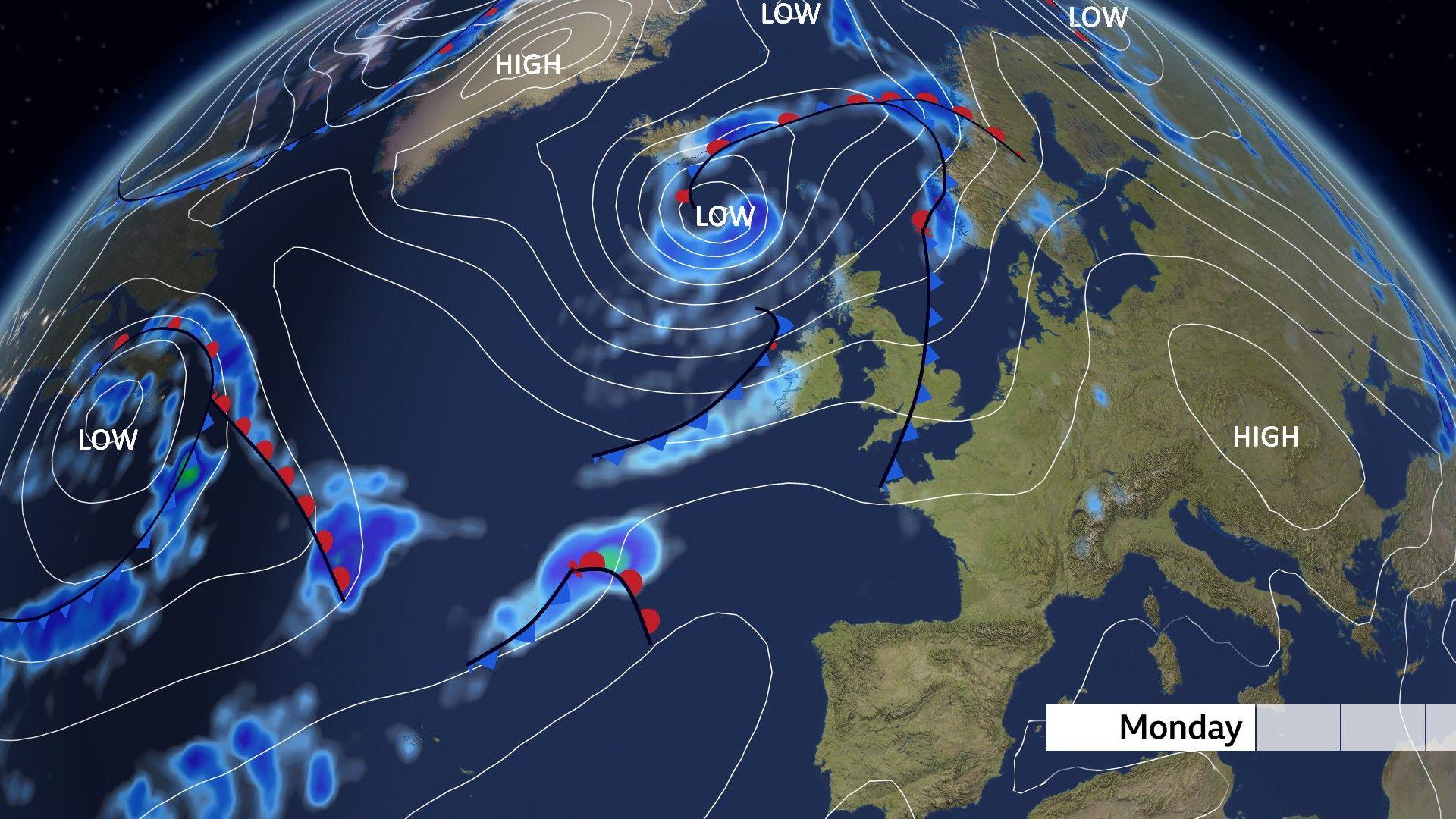 A pressure chart showing the pressure pattern for Monday