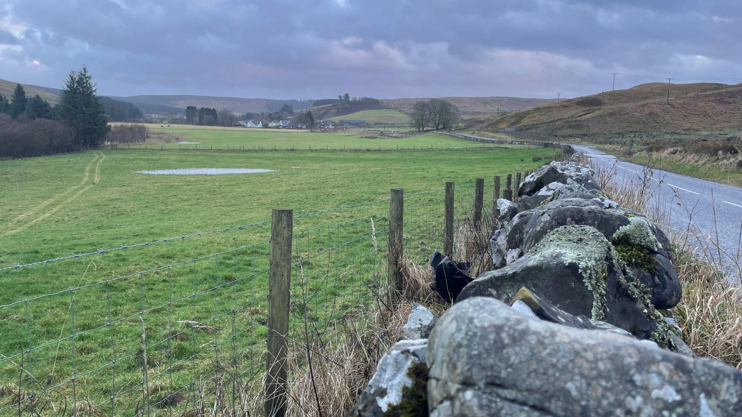 A view over a dry stone wall and fence across fields. The village of Eskdalemuir is in the distance. In the corner of the image is a narrow winding road