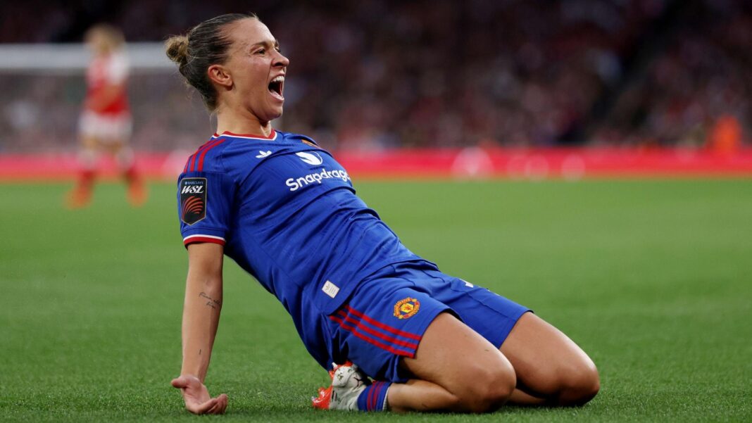 Olid’s Man Utd take big step forward after ‘intense week’ Julia Zigiotti, in blue kit, slides on her knees to celebrate her opening goal for Manchester United at Arsenal