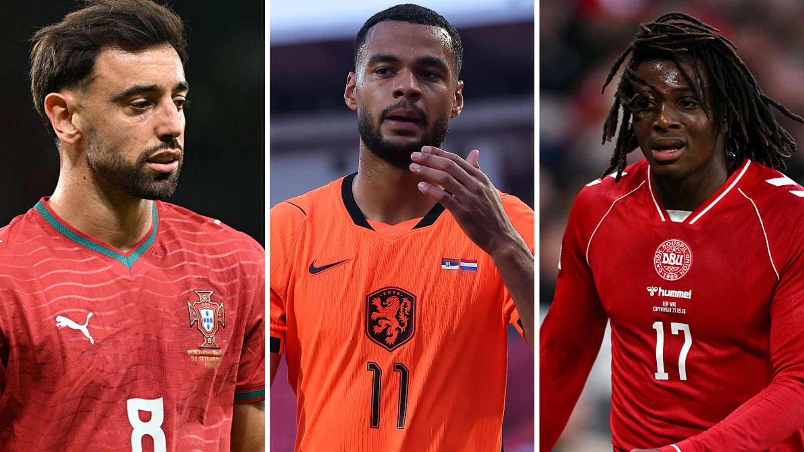 Split picture showing Bruno Fernandes, Cody Gakpo and Patrick Dorgu in action for their respective countries