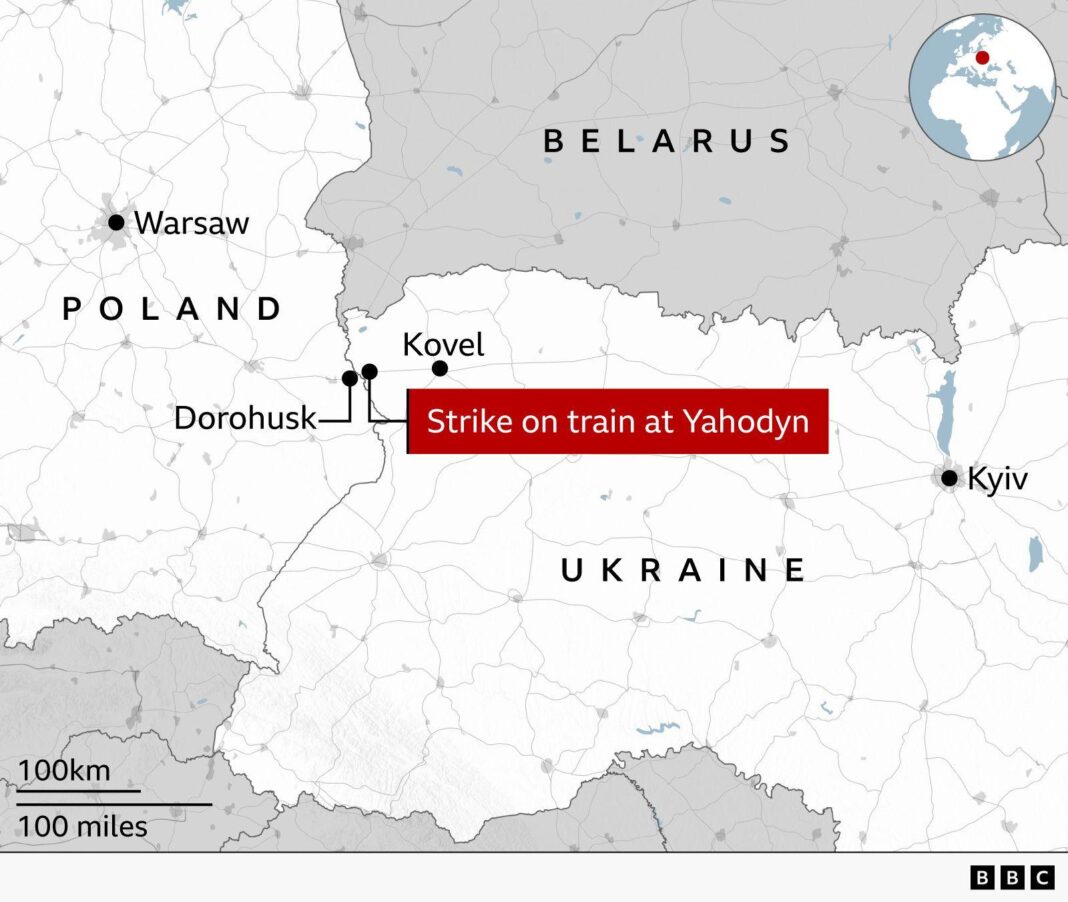 Russia hits Ukrainian train shortly after Boris Johnson and top European officials leave station Map showing where strike occurred on train at Yahodyn in Ukraine - near the Polish border. Also marked is Dorohusk in Poland a few kilometres away.