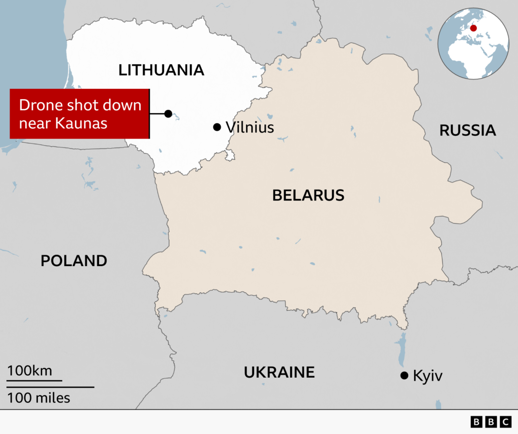 Lithuania ready to ‘fight back’ but has evacuation plans in face of Russia threats, PM tells BBC Map showing Lithuania and neighbouring Belarus, Russia, Poland and Ukraine. A marker highlights where a drone was shot down near Kaunas in central Lithuania, west of the capital, Vilnius.