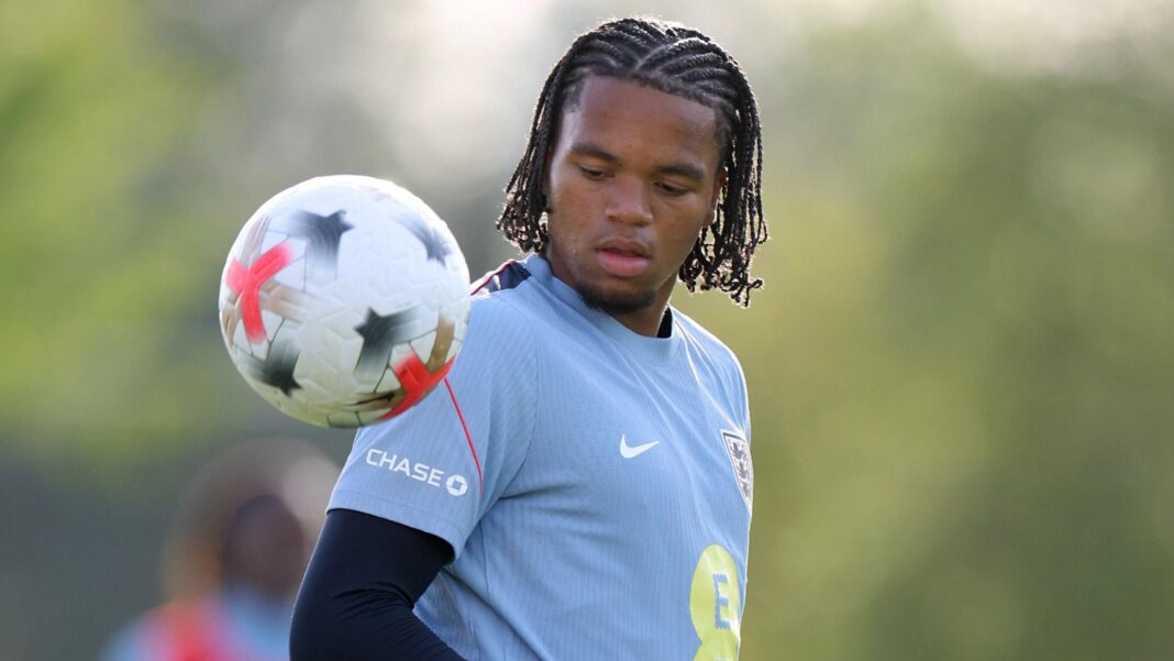 Rio Ngumoha of England controls the ball during a training session at St George's Park
