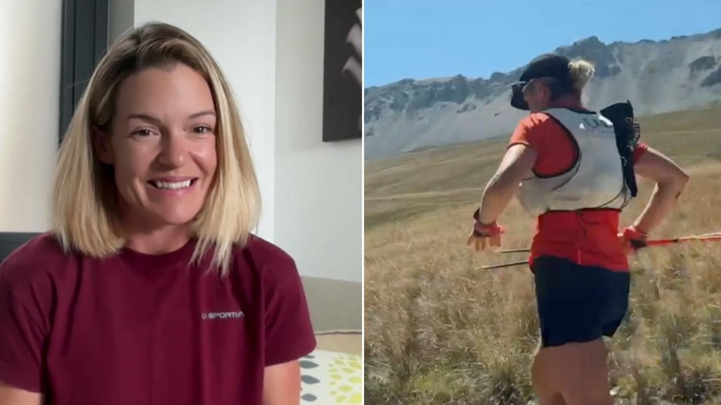 Sophie Woods in a split screen - on an interview (l) and running in the Alps (r)