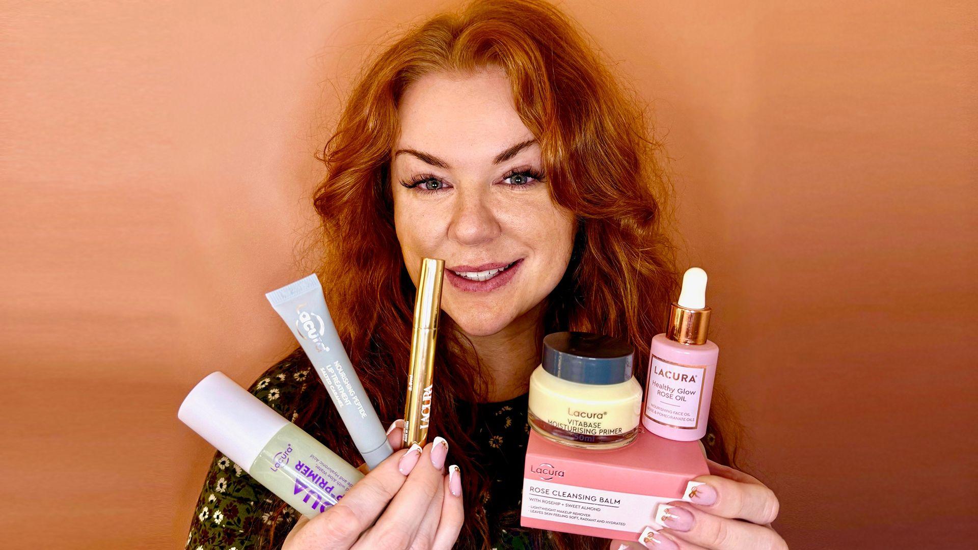 A ginger woman is holding up her favourite skin care to the camera. In one hand she has three tube like products and in the other she has another three products, one if in a box another in a tub and a third in a bottle