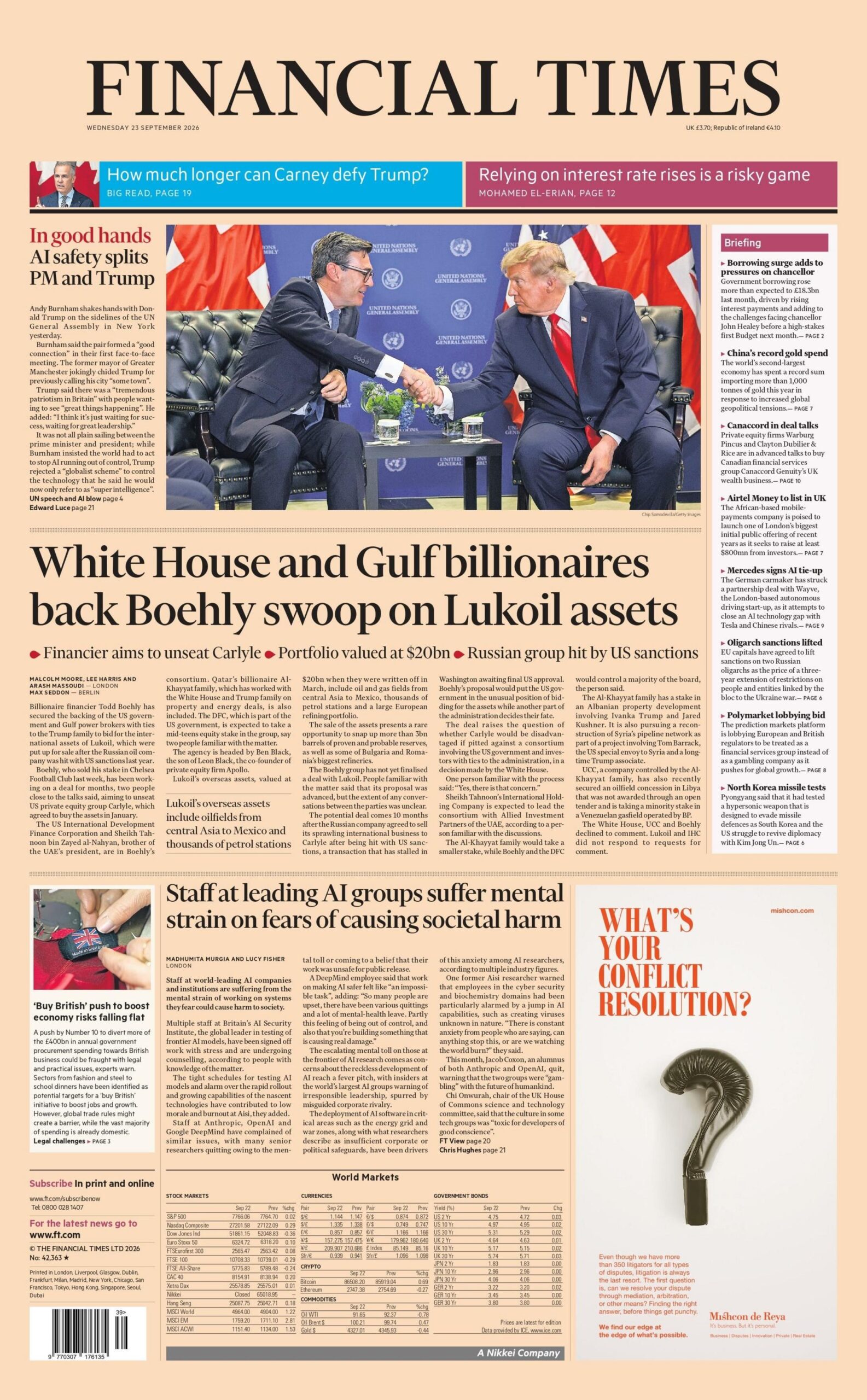 "White House and Gulf billionaires back Boehly swoop on Lukoil assets," reads the headline on the front page of the Financial Times.
