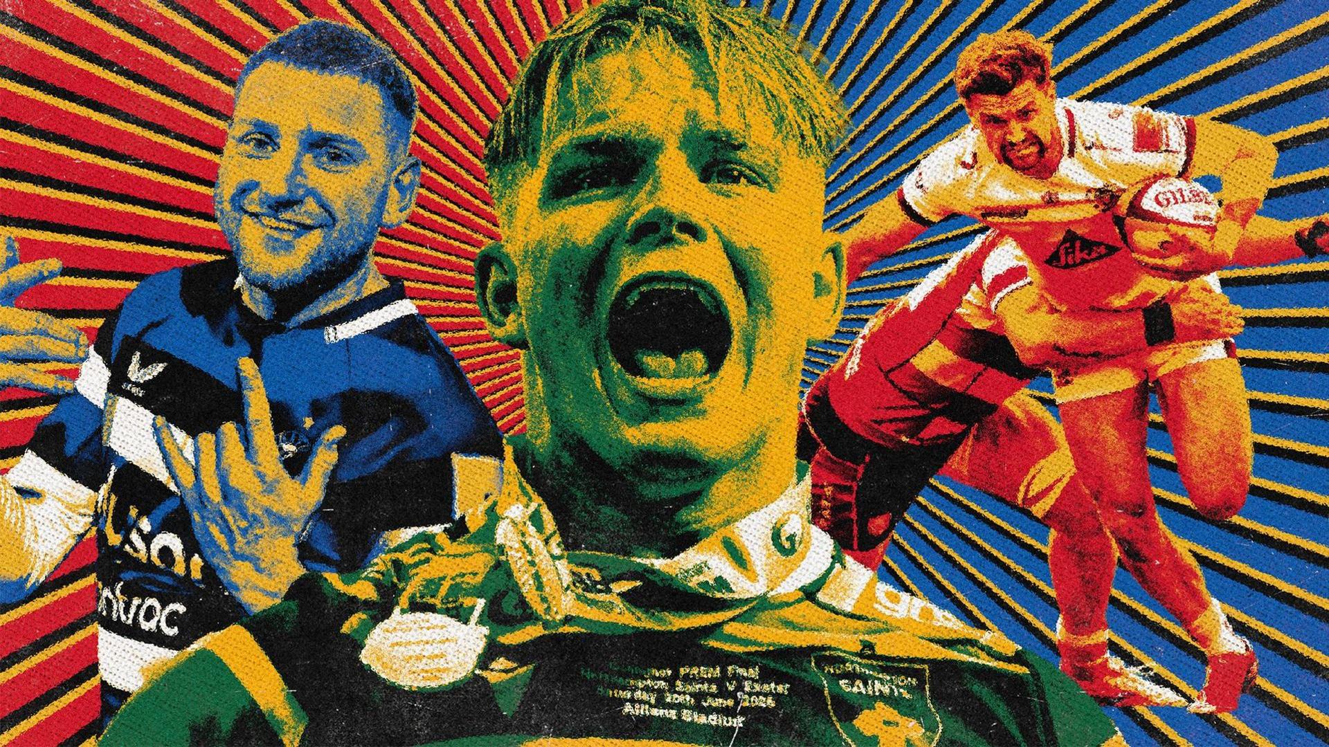 A colourful graphic showing an image of Finn Russell (left) holding his hands up, Henry Pollock (centre) with his mouth open and a winners' medal around his neck and Henry Slade (right) running while being tackled