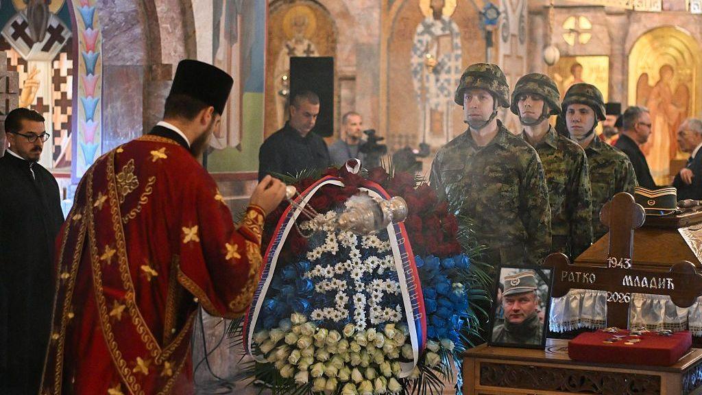 An Orthodox priest blesses the coffin of late Bosnian Serb military leader Ratko Mladic during a public memorial on the day of his funeral ceremony at St Lukas church in Belgrade, on September 7, 2026