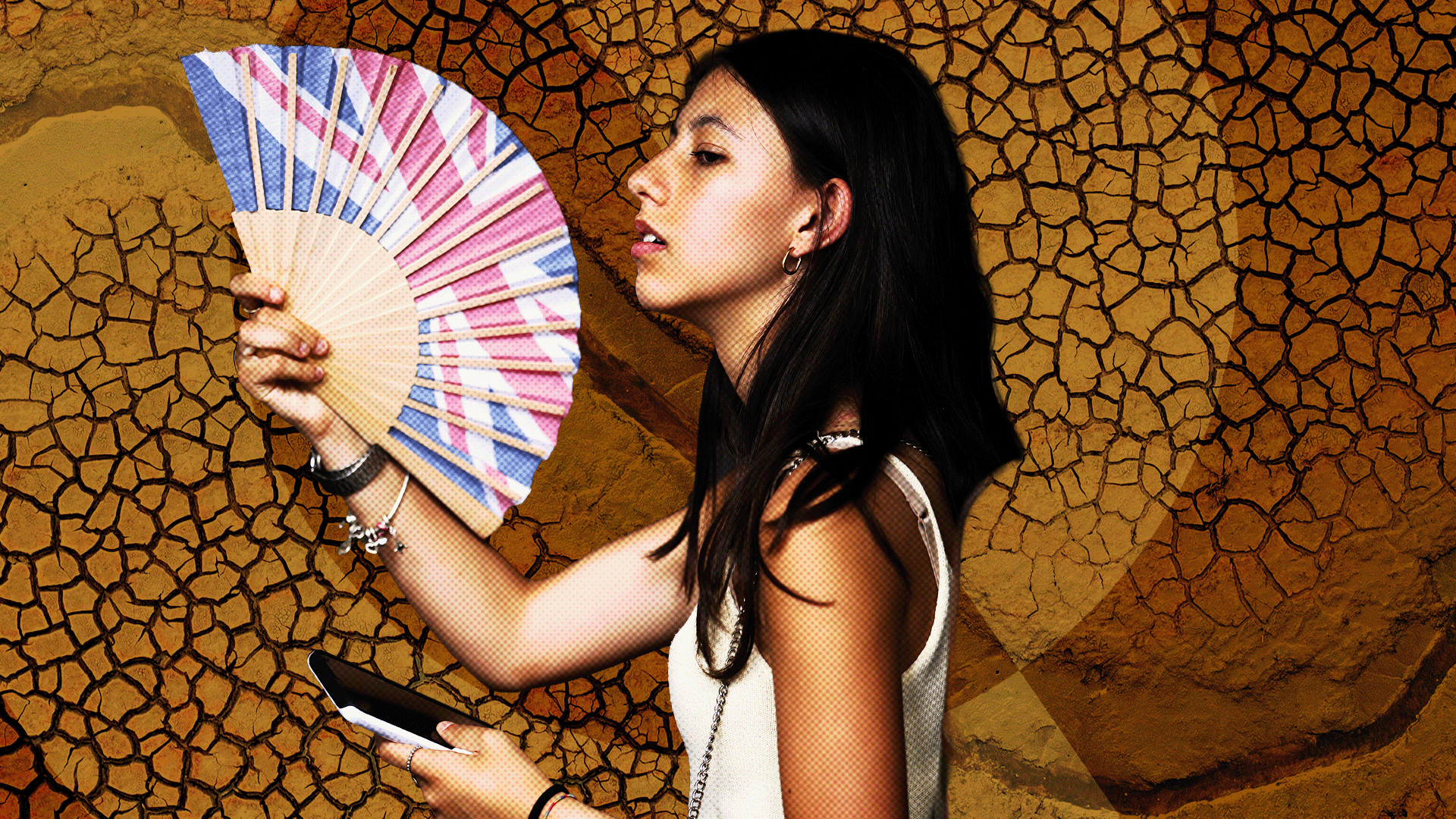 Promotional image to show the hot, dry summer. A young woman with dark hair and a white top is holding a phone in one hand and a fan in the other. The fan is coloured in the Union Jack flag. In the background is dried, cracked, brown ground, depicting drought.