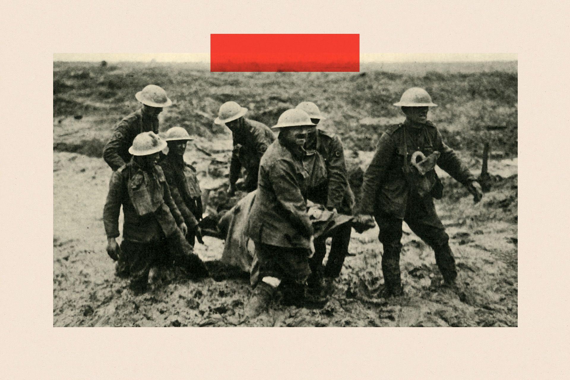'R.A.M.C. stretcher-bearers bringing in wounded in World War 1