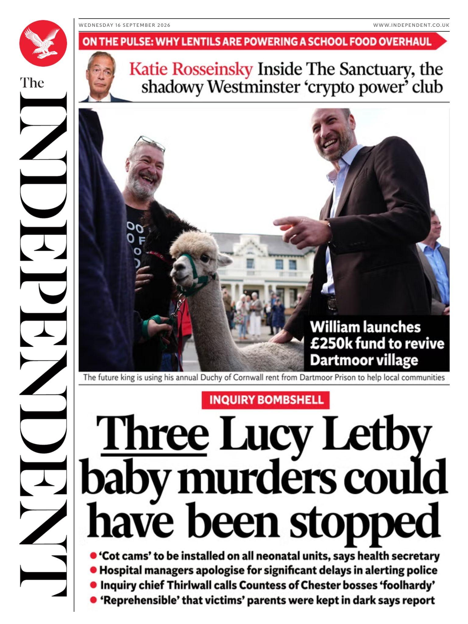 The headline on the front page of the Independent reads: 'Three Lucy Letby baby murders could have been stopped.'