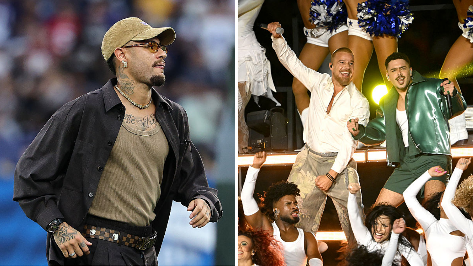 Split image of Neymar at the NFL game in Rio de Janeiro and Ricky Martin and Pedro Sampaio performing the half-time show