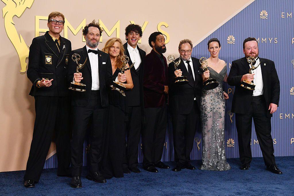 Jeff Hiller, Matthew Rhys, Dale Dickey, Kingston Rumi Southwick, Kevin Carroll, Stephen Root, Kate O'Flynn and Neil Casey of Widow's Bay pose with their Emmy Awards