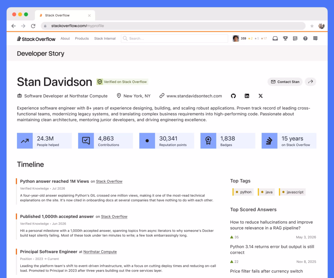 (Re)introducing Developer Story Stack Overflow developer profile page for Stan Davidson, showing 24.3M people helped, 30K+ reputation, and a timeline of achievements.