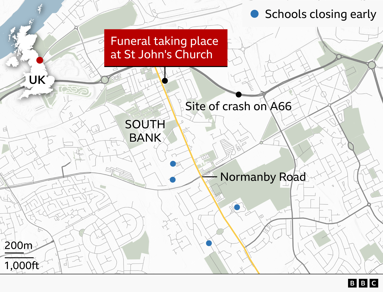 Map of South Bank, Middlesbrough, showing the location of a funeral taking place at St John's Church on Friday for a victim of the A66 crash. The church sits on Normanby Road, which runs from north to south and is highlighted in yellow. The crash site is marked on the A66 to the east of the church. Blue dots indicate some of the schools closing early in the surrounding area on Friday because of the funeral. An inset map of the UK highlights the location in north-east England.