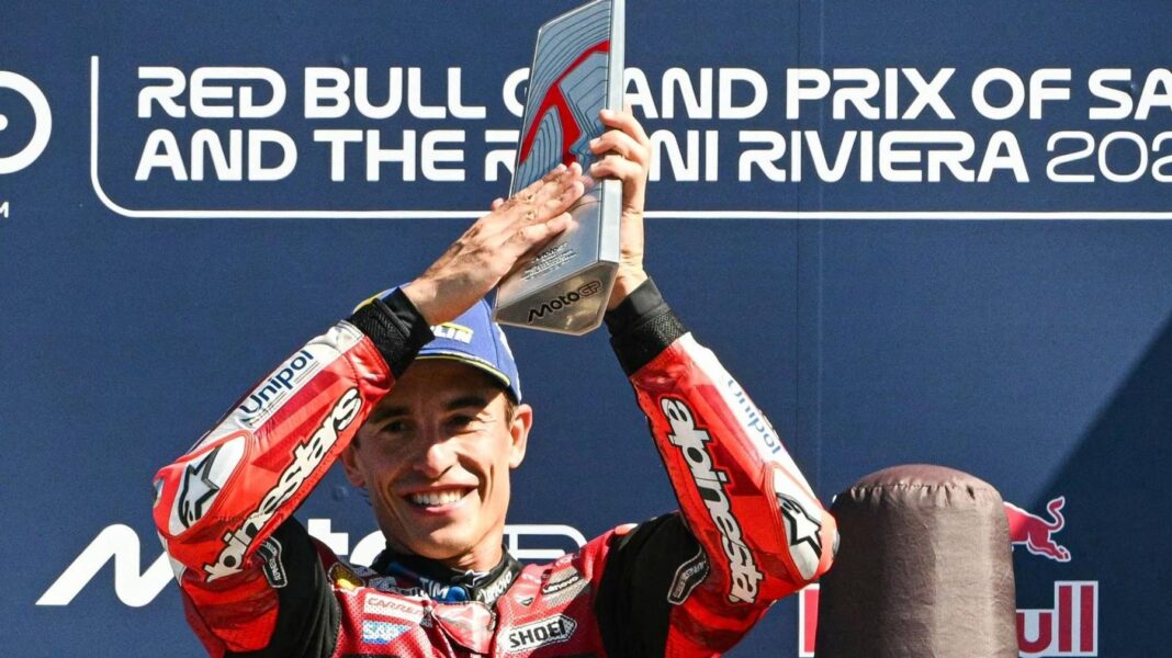 Marquez moves top with MotoGP win in San Marino Marc Marquez celebrates winning the San Marino MotoGP