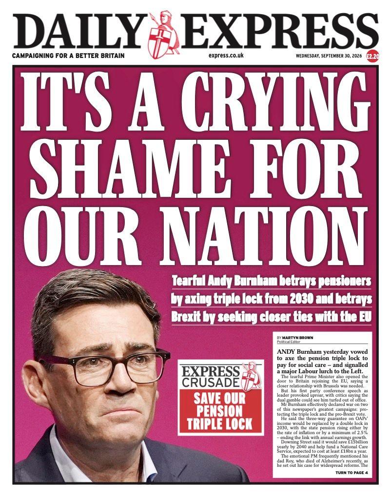 The headline on the front page of the Daily Express reads: "It's a crying shame for our nation".