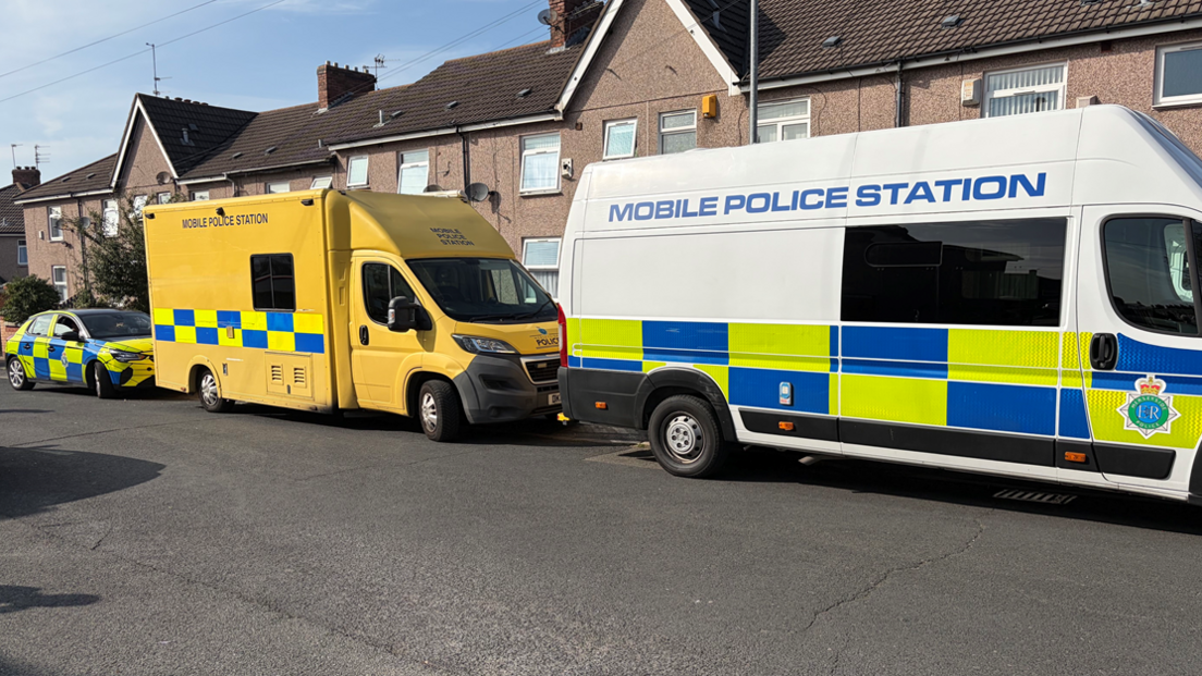Two police vans and a police car are parked up outside a row of houses.